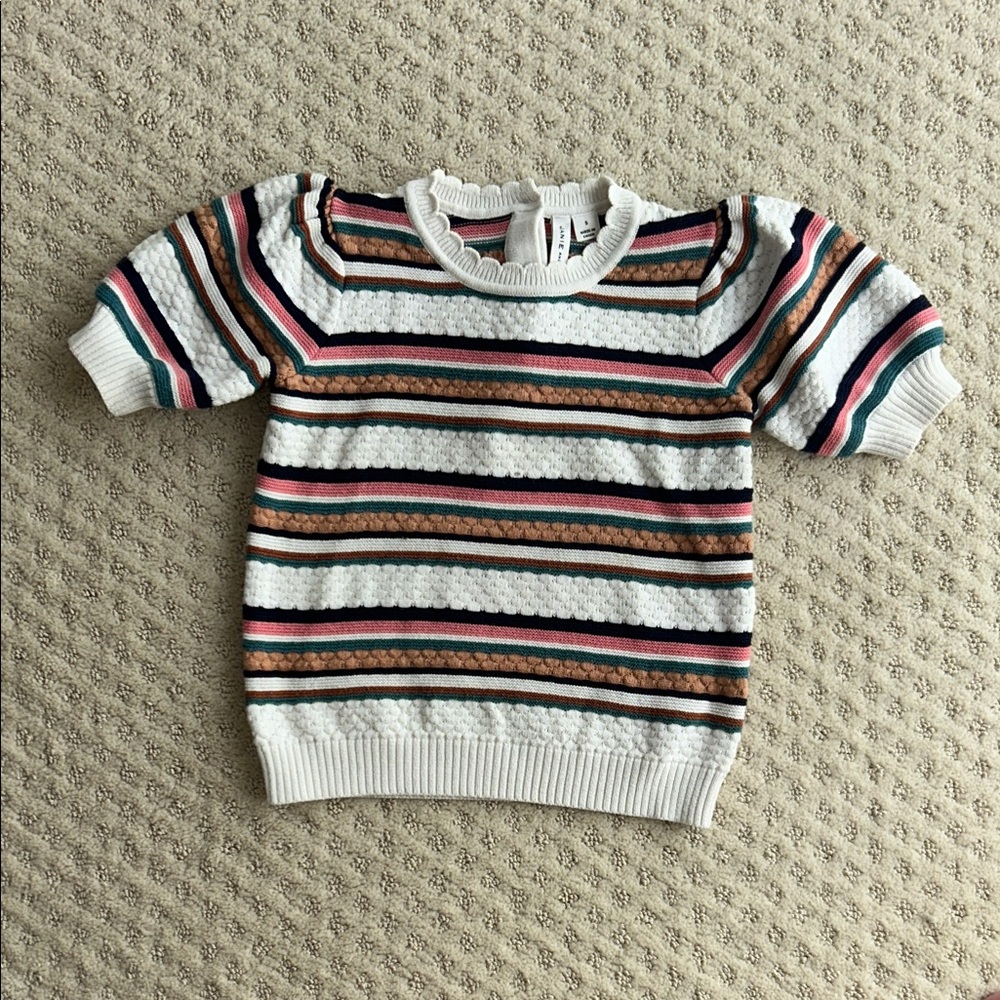 Janie and Jack Knit Puff Sleeve Top with Pink Teal Tan and Black Stripes